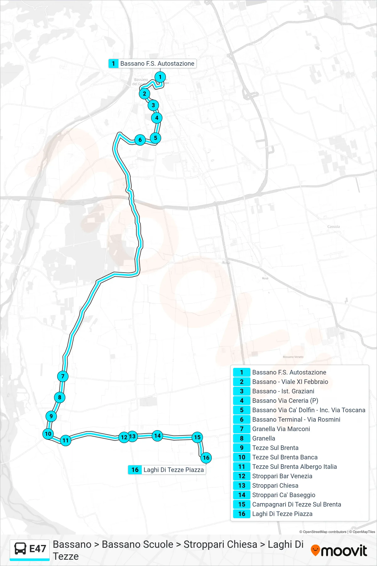 Linea E47 bus (Bassano > Bassano Scuole > Stroppari Chiesa > Laghi Di Tezze) - Percorsi e fermate sulla mappa