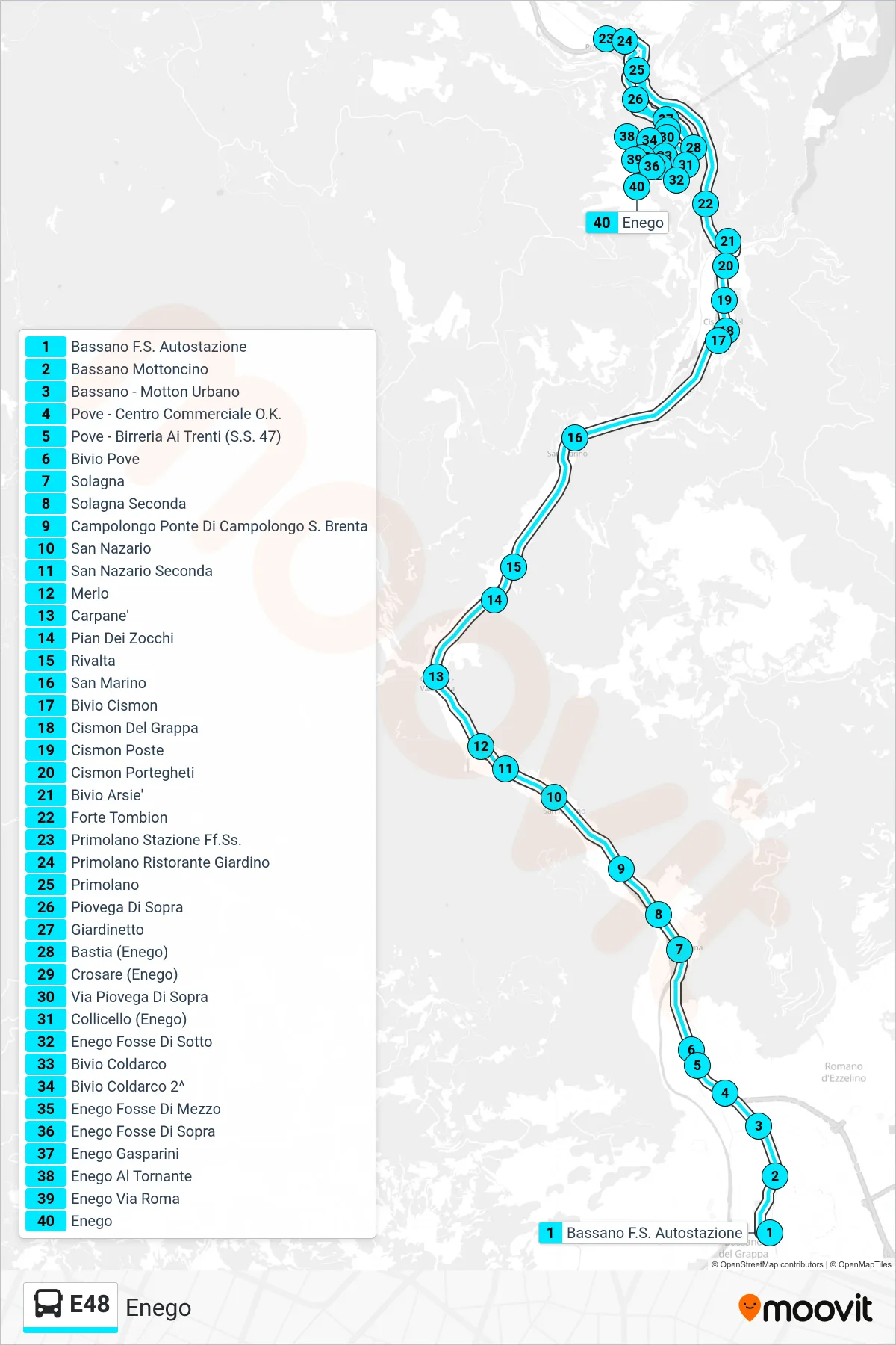 Linea E48 bus (Enego) - Percorsi e fermate sulla mappa