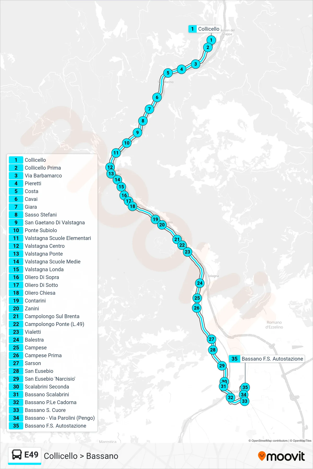 Linea E49 bus (Collicello > Bassano) - Percorsi e fermate sulla mappa