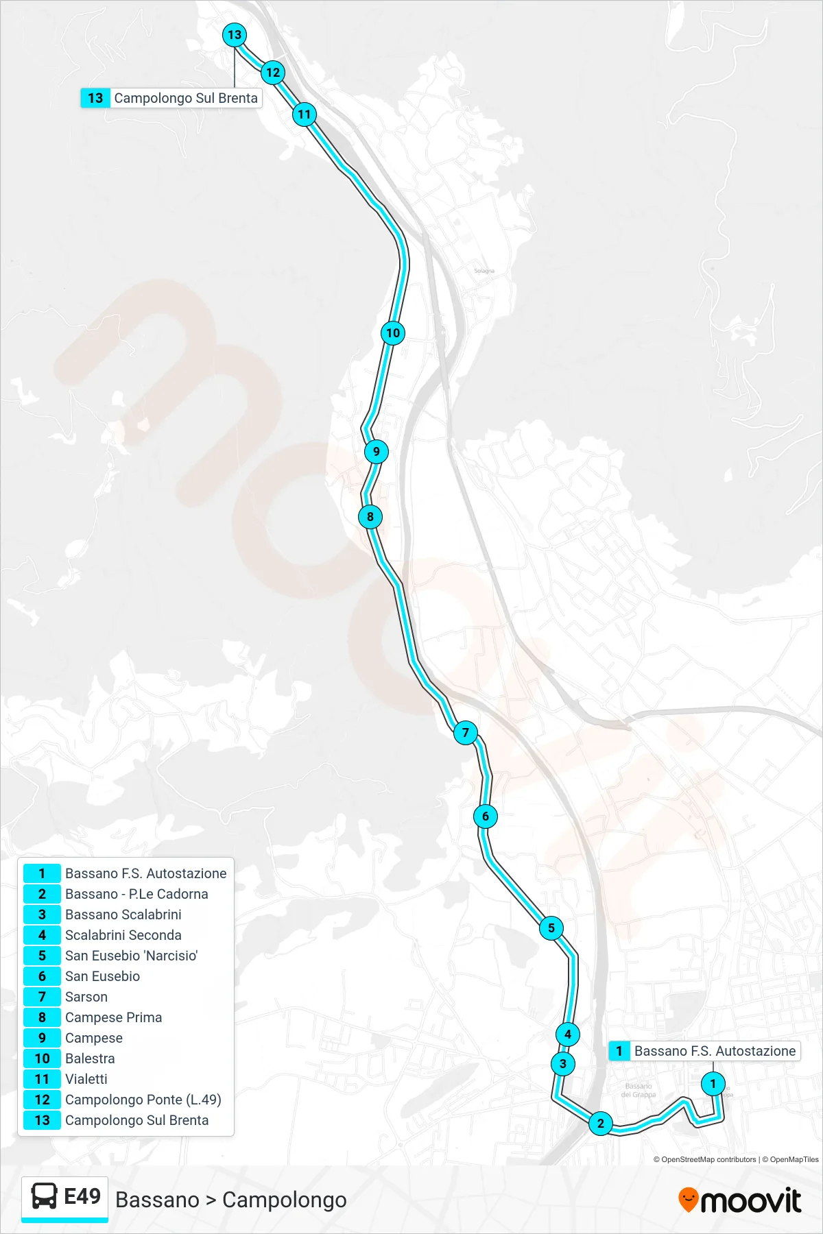 Linea E49  bus (Bassano > Campolongo) - Percorsi e fermate sulla mappa