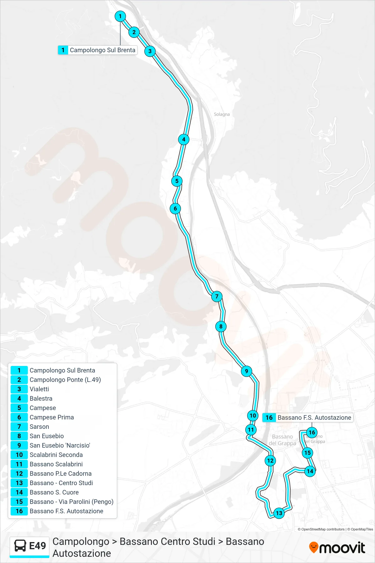 Linea E49 bus (Campolongo > Bassano Centro Studi > Bassano Autostazione) - Percorsi e fermate sulla mappa
