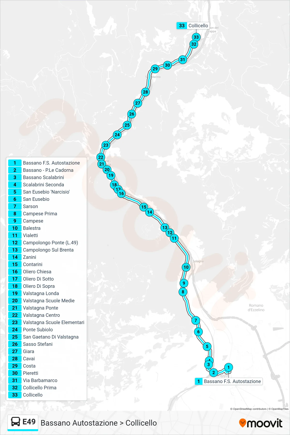 Linea E49 bus (Bassano Autostazione > Collicello) - Percorsi e fermate sulla mappa