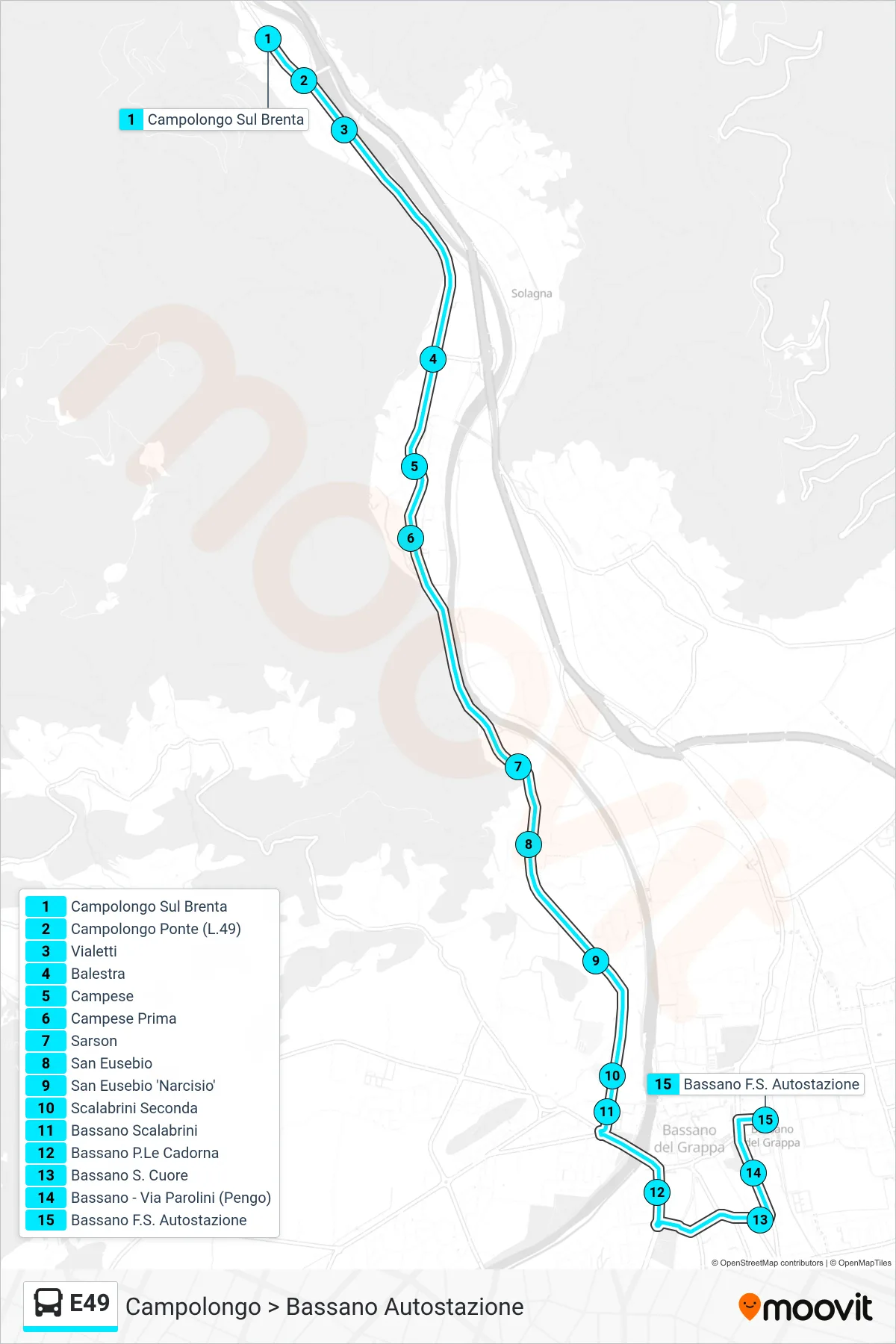 Linea E49 bus (Campolongo > Bassano Autostazione) - Percorsi e fermate sulla mappa