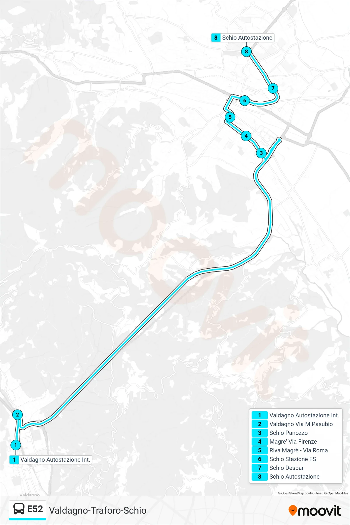 Linea E52 bus (Valdagno > Schio Autostazione) - Percorsi e fermate sulla mappa