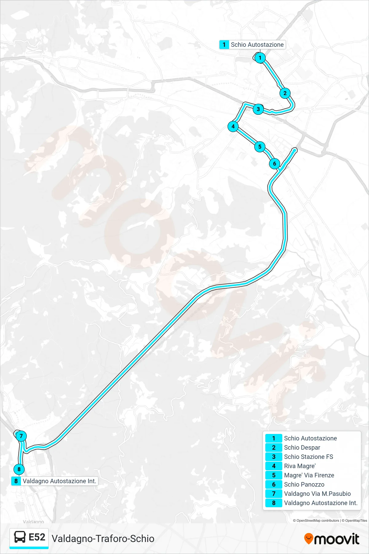 Linea E52  bus (Schio > Valdagno Autostazione) - Percorsi e fermate sulla mappa