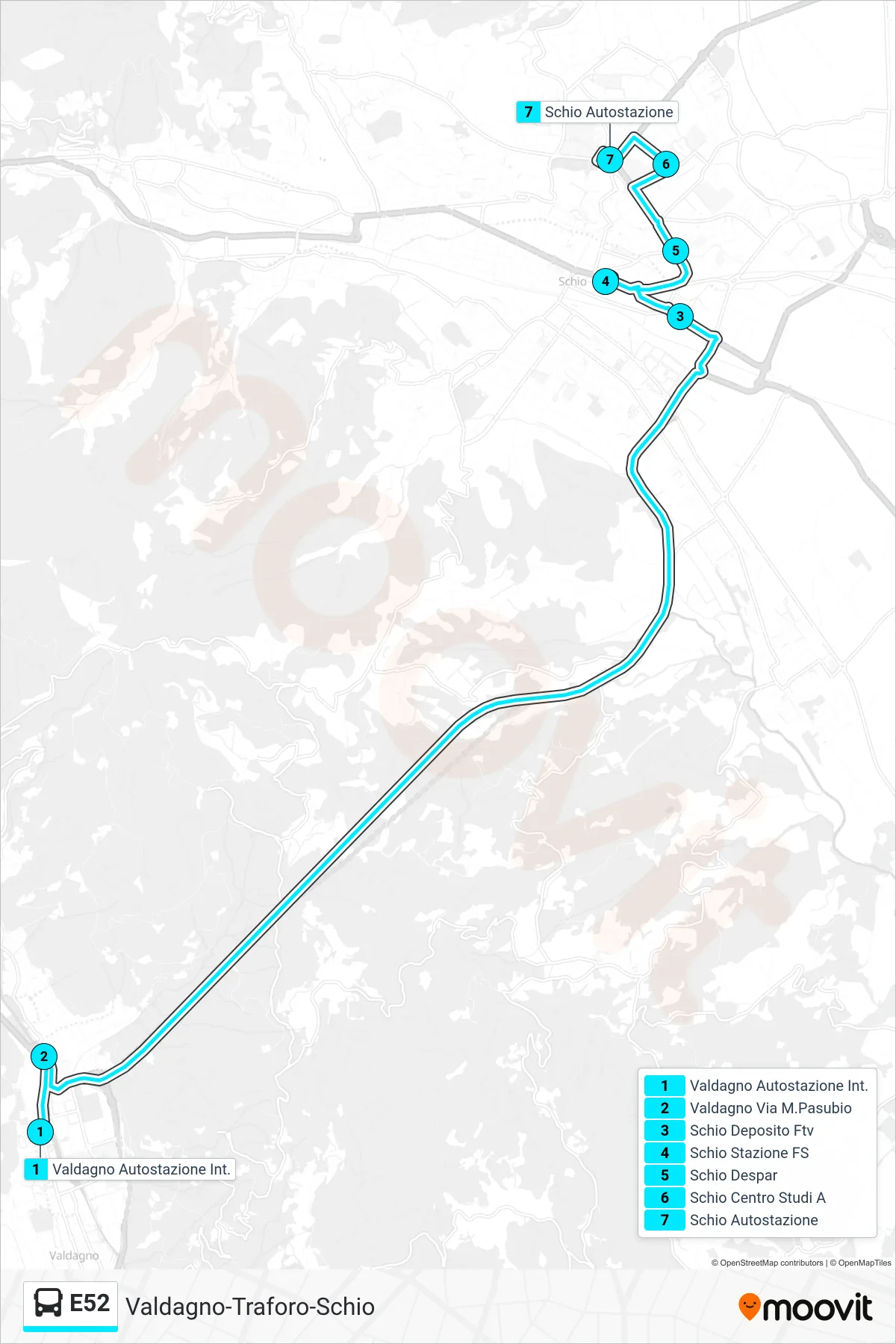 Linea E52 bus (Valdagno > Schio Centro Studi > Schio Autostazione) - Percorsi e fermate sulla mappa
