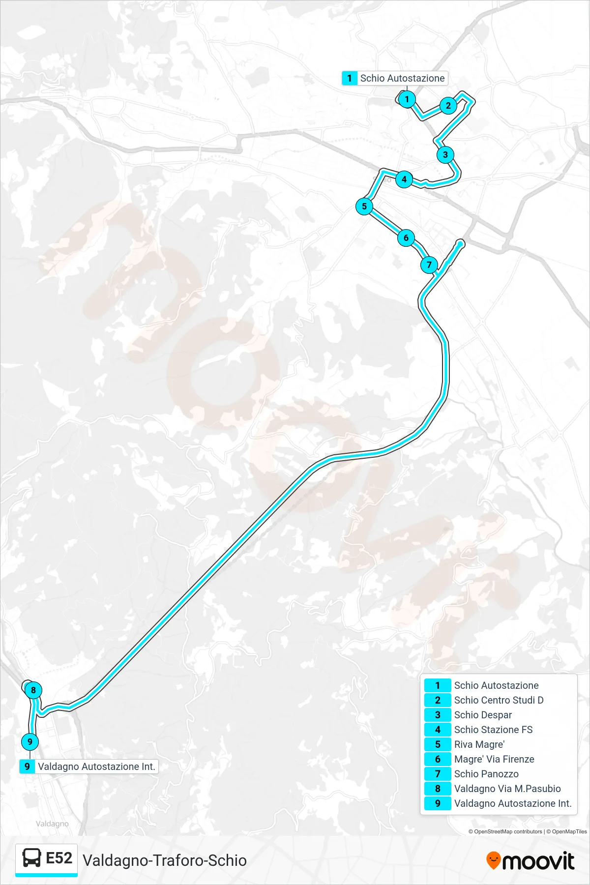 Linea E52 bus (Schio > Schio Centro Studi > Valdagno Autostazione) - Percorsi e fermate sulla mappa