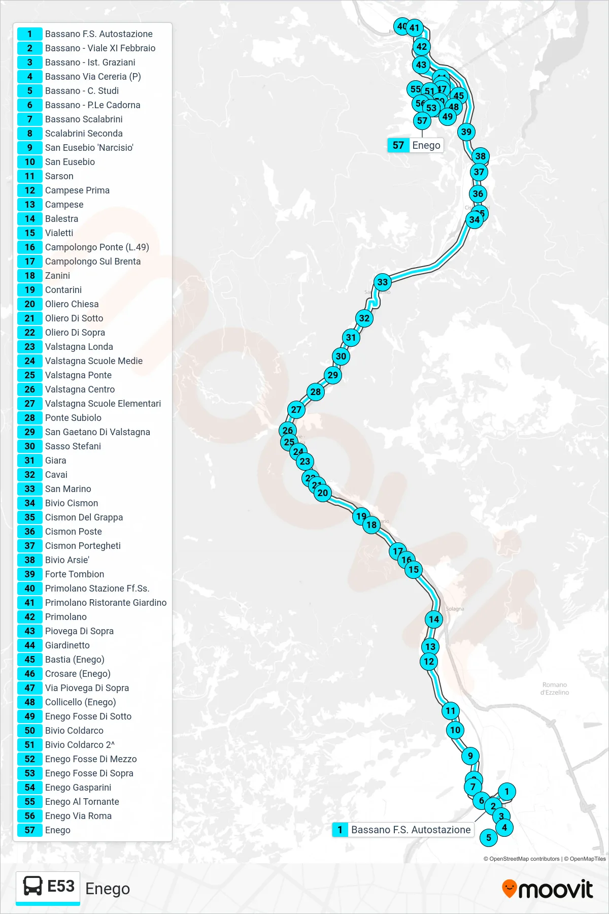 Linea E53 bus (Enego) - Percorsi e fermate sulla mappa