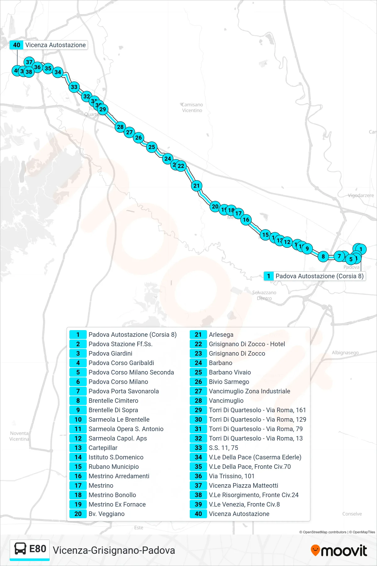 Linea E80 bus (Padova > Vicenza Autostazione) - Percorsi e fermate sulla mappa