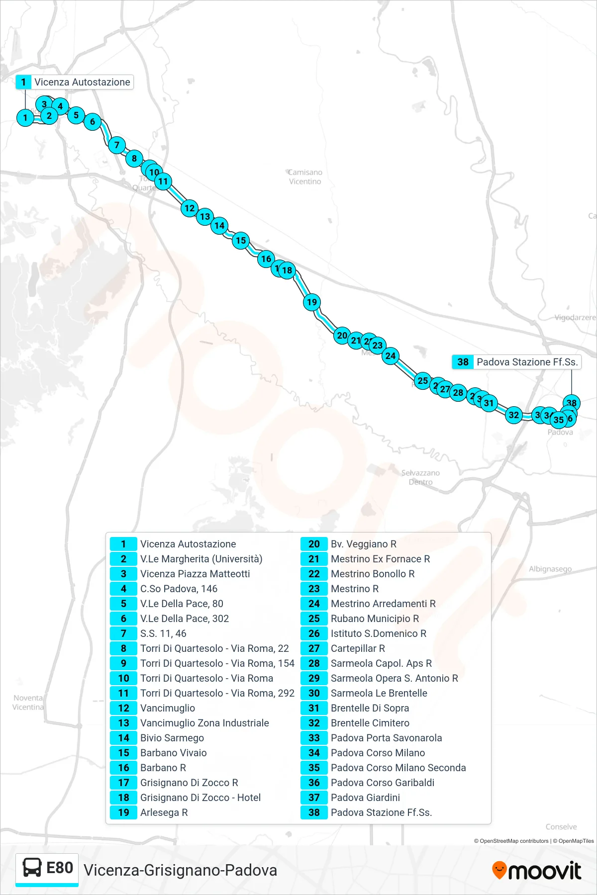Linea E80 bus (Vicenza Autostazione > Padova) - Percorsi e fermate sulla mappa