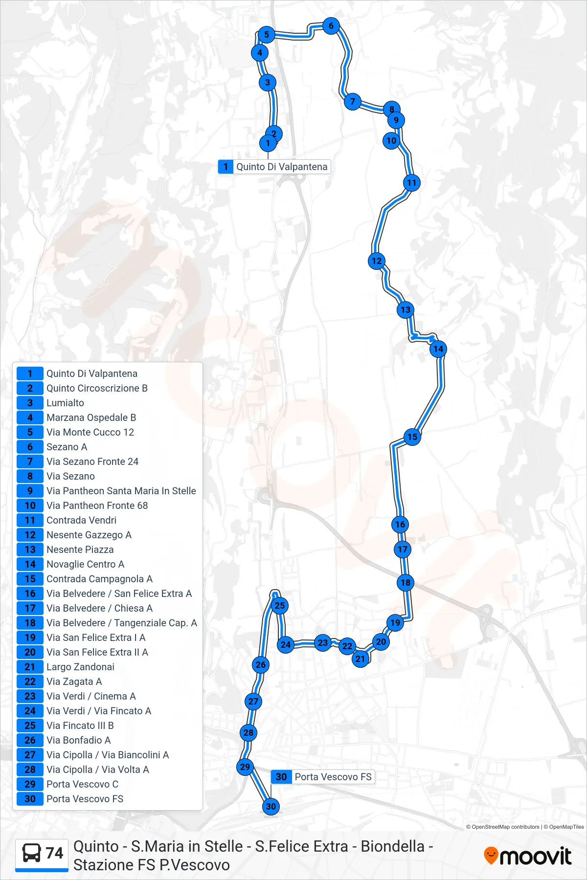Linea 74 bus (Stazione FS Porta Vescovo) - Percorsi e fermate sulla mappa