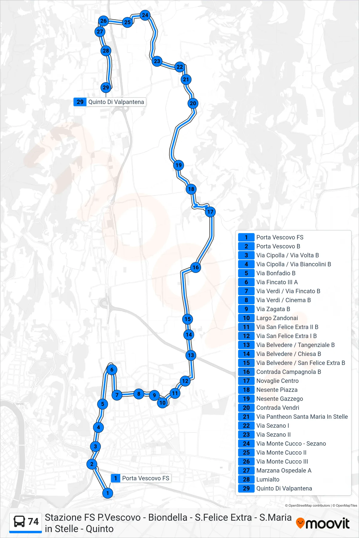 Linea 74  bus (Quinto) - Percorsi e fermate sulla mappa