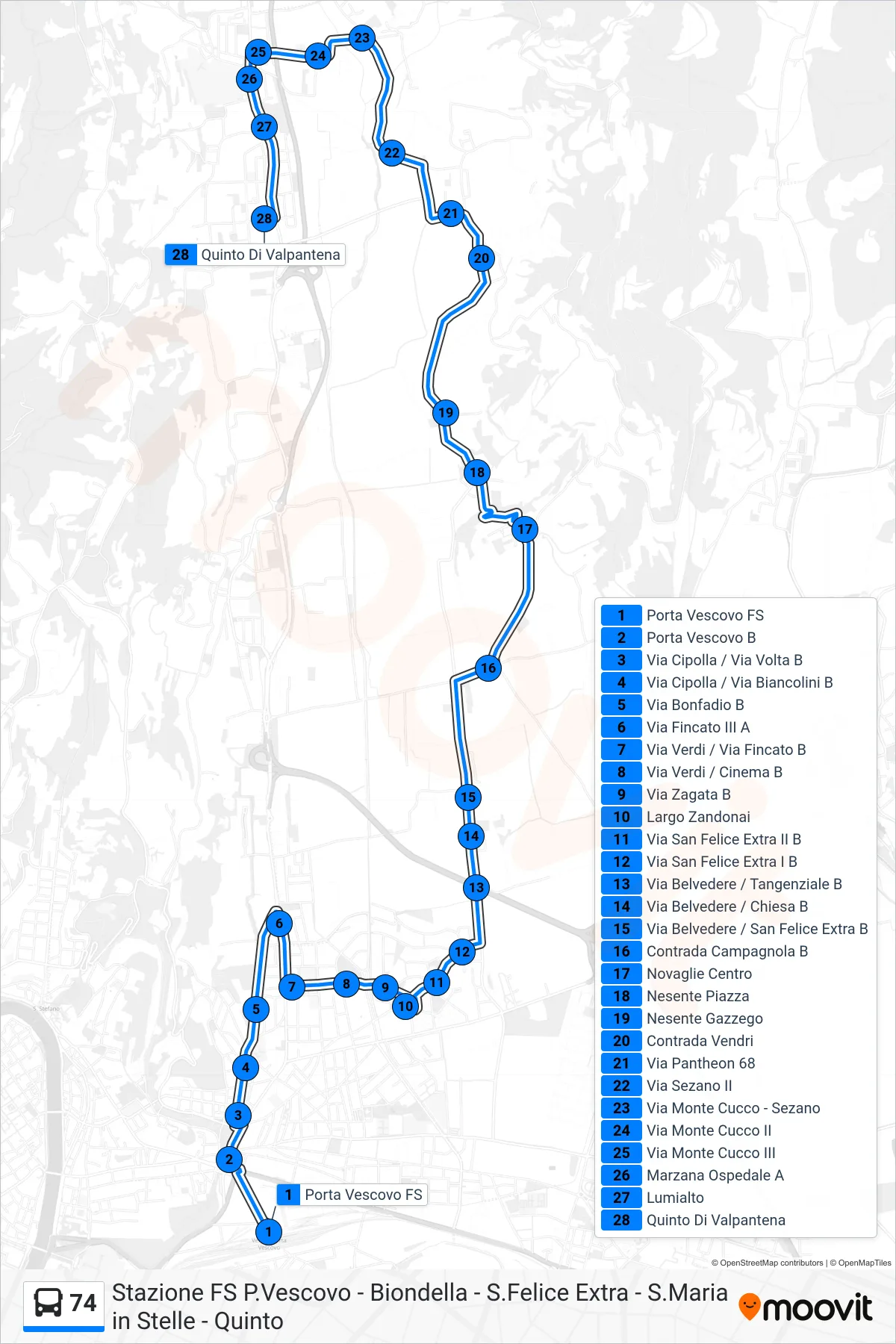 Linea 74  bus (Quinto) - Percorsi e fermate sulla mappa