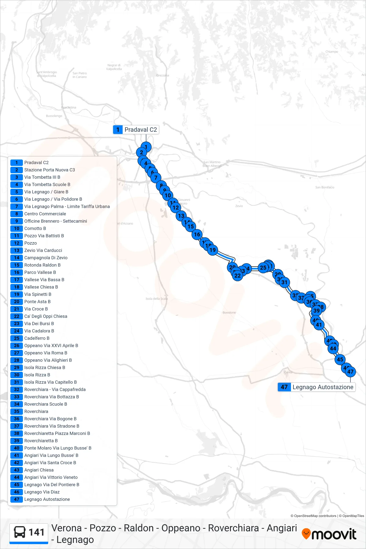 Linea 141  bus (Legnago Autostazione) - Percorsi e fermate sulla mappa