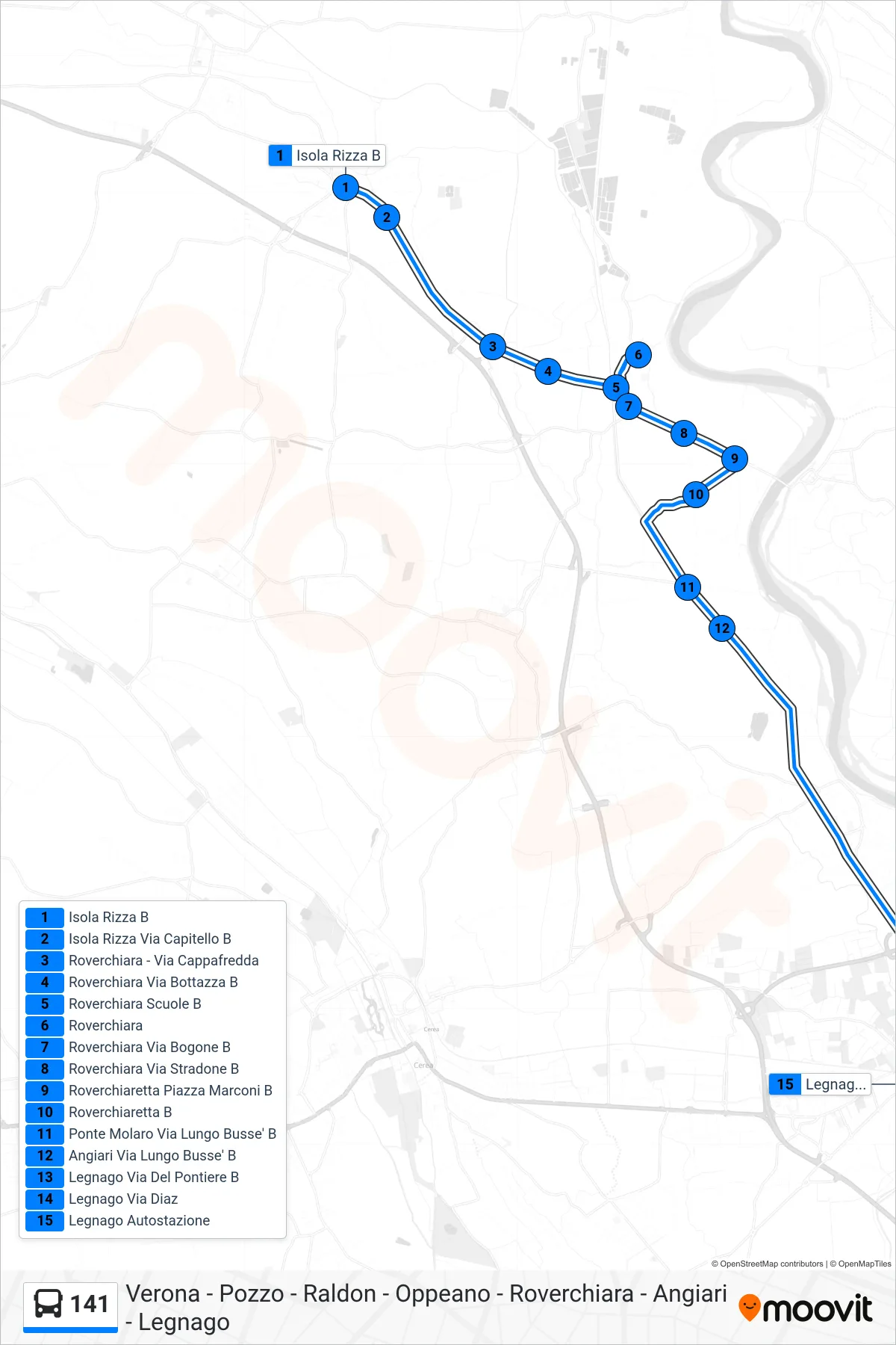 Linea 141  bus (Legnago Autostazione) - Percorsi e fermate sulla mappa