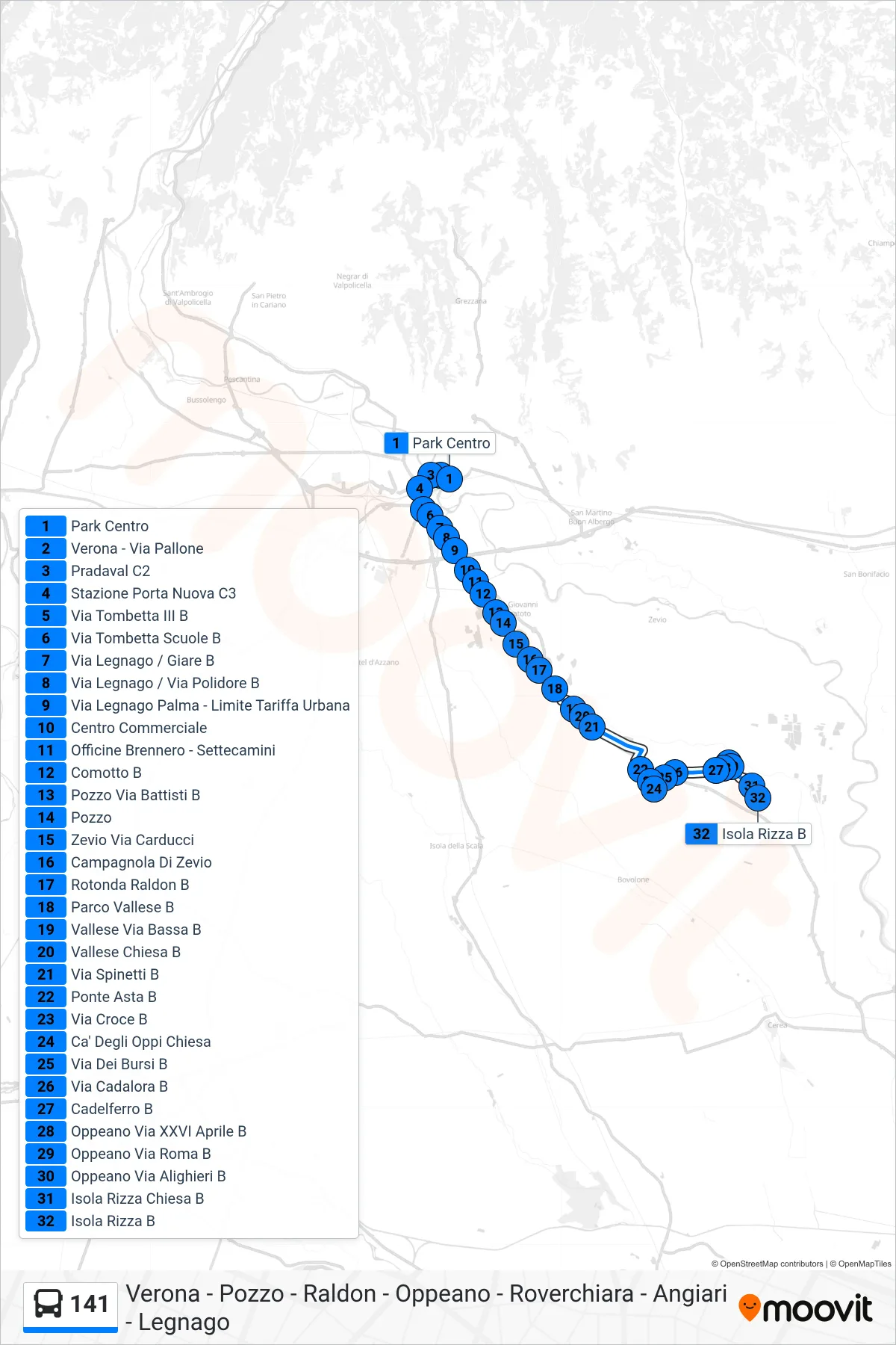 Linea 141  bus (Isola Rizza) - Percorsi e fermate sulla mappa