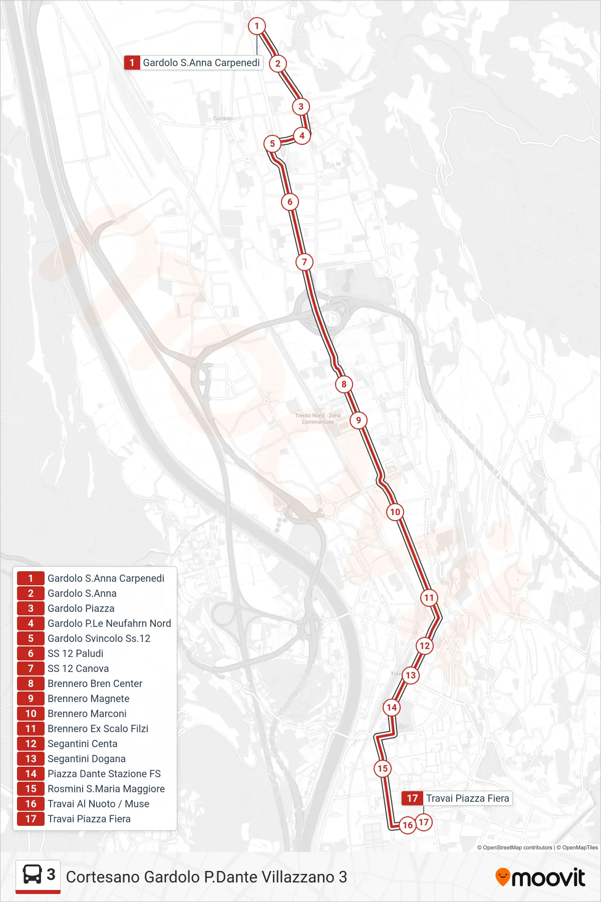Linea 3  bus (Travai Piazza Fiera) - Percorsi e fermate sulla mappa