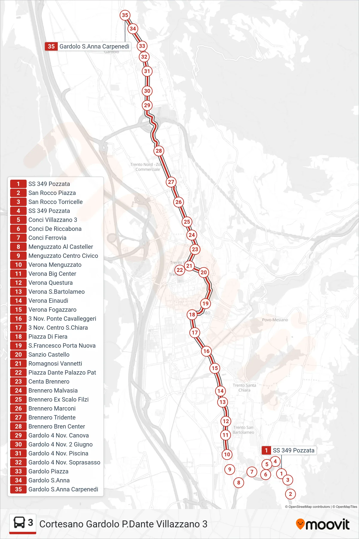 Linea 3 bus (Gardolo S.Anna Carpenedi) - Percorsi e fermate sulla mappa