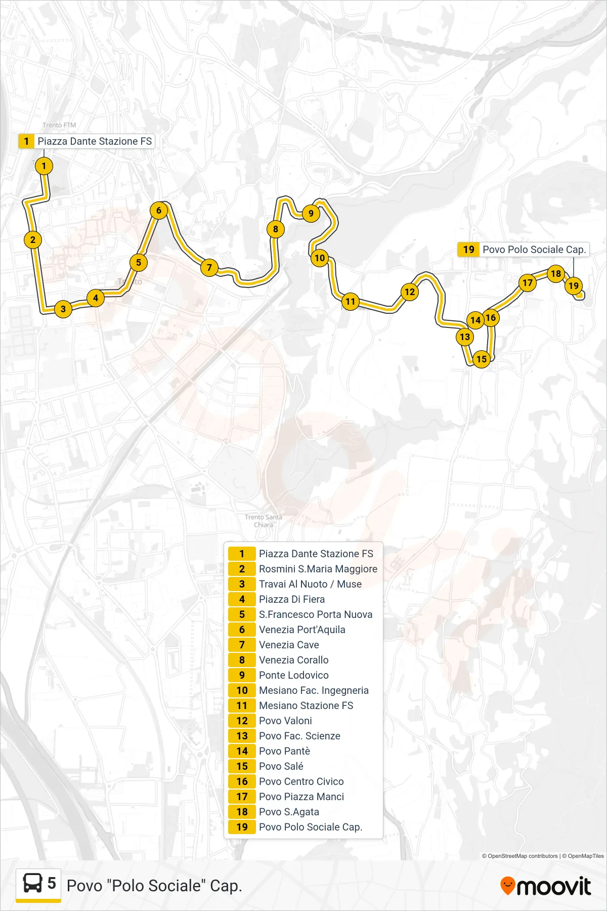 Linea 5 bus (Povo "Polo Sociale" Cap.) - Percorsi e fermate sulla mappa