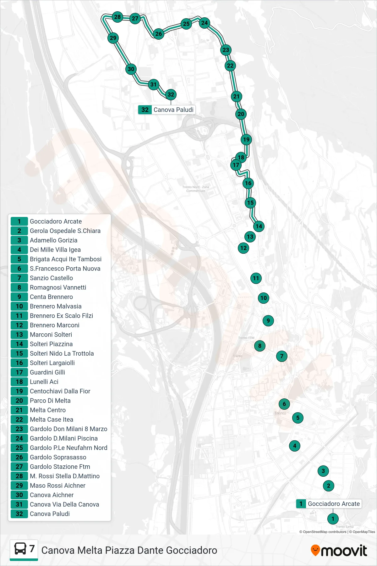 Linea 7 bus (Canova Paludi) - Percorsi e fermate sulla mappa
