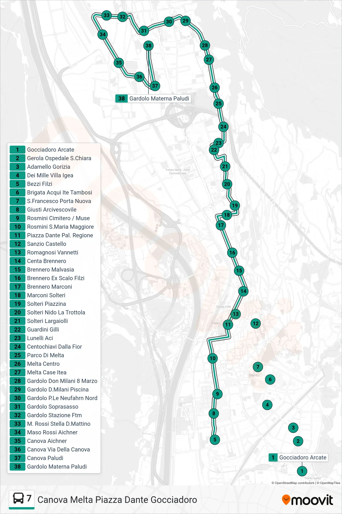 Linea 7 bus (Gardolo "Materna Paludi") - Percorsi e fermate sulla mappa