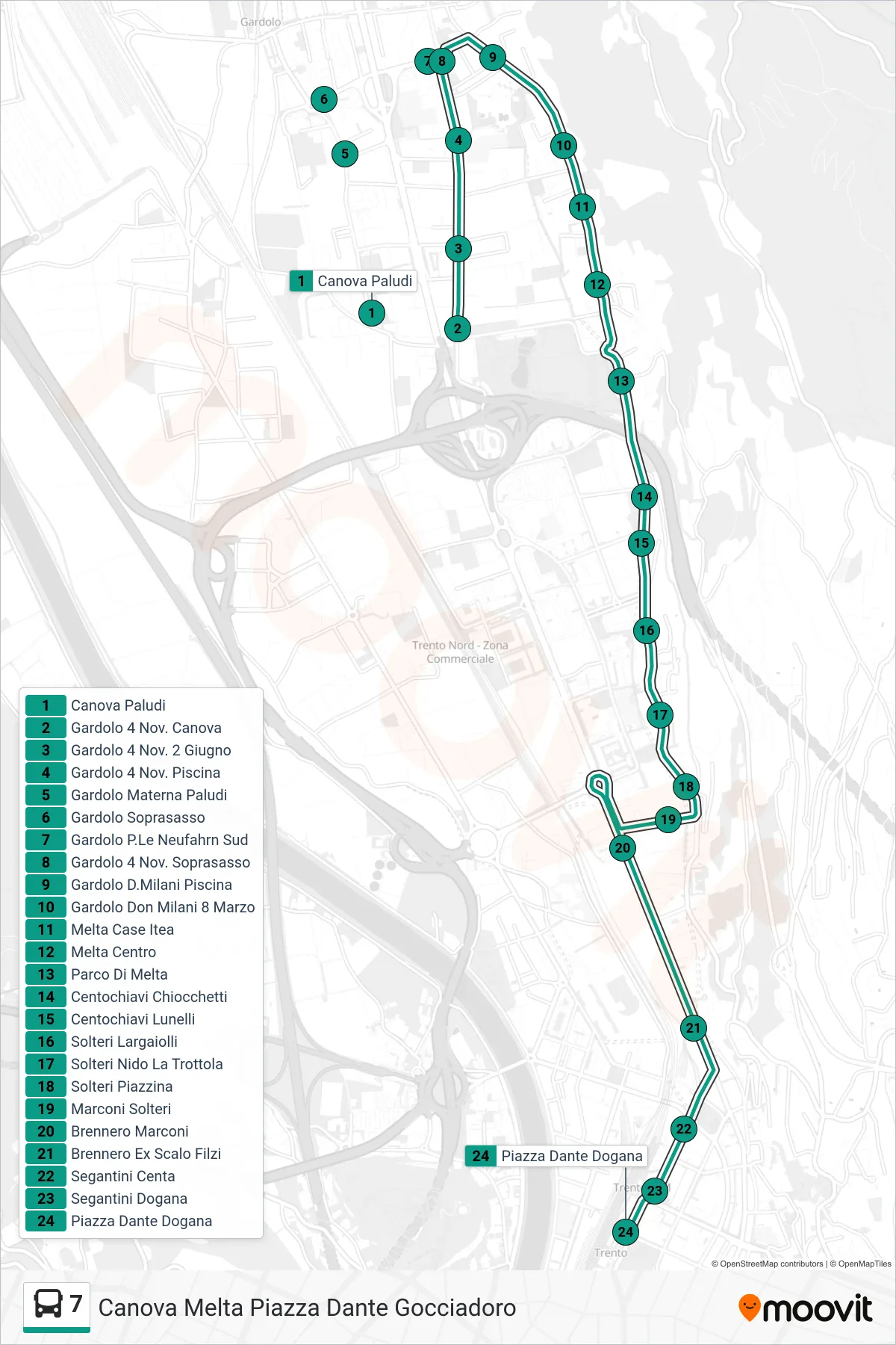 Linea 7 bus (Piazza Dante "Dogana") - Percorsi e fermate sulla mappa