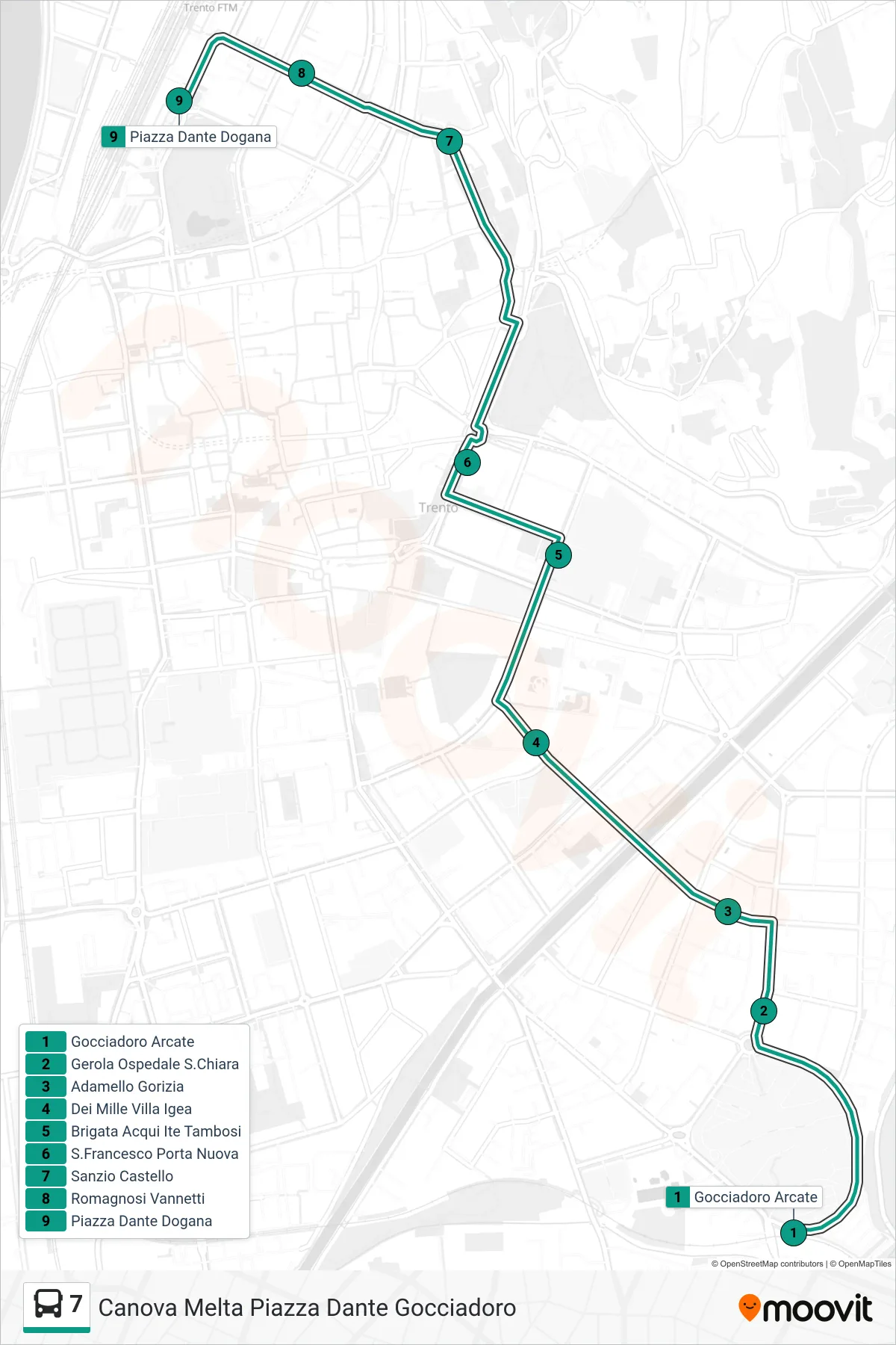 Linea 7 bus (Piazza Dante "Dogana") - Percorsi e fermate sulla mappa