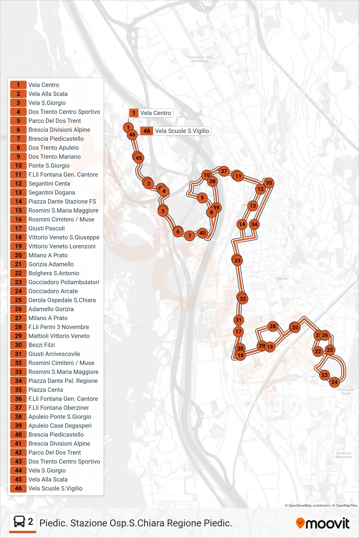 Linea 2 bus (Vela Centro) - Percorsi e fermate sulla mappa