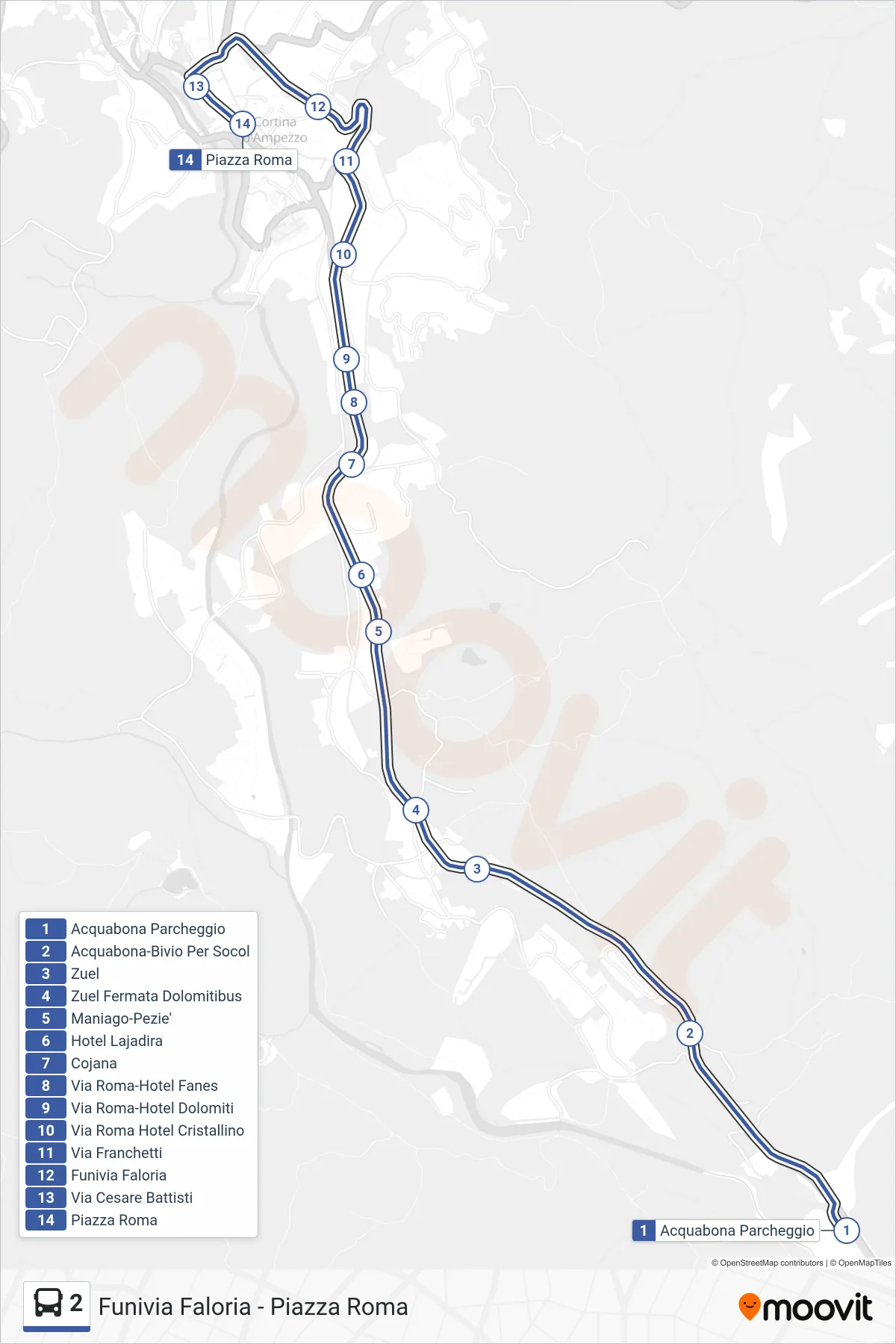 Linea 2  bus (Funivia Faloria - Piazza Roma) - Percorsi e fermate sulla mappa