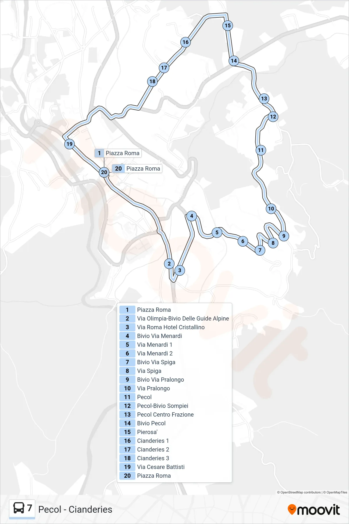 Linea 7  bus (Pecol - Cianderies) - Percorsi e fermate sulla mappa