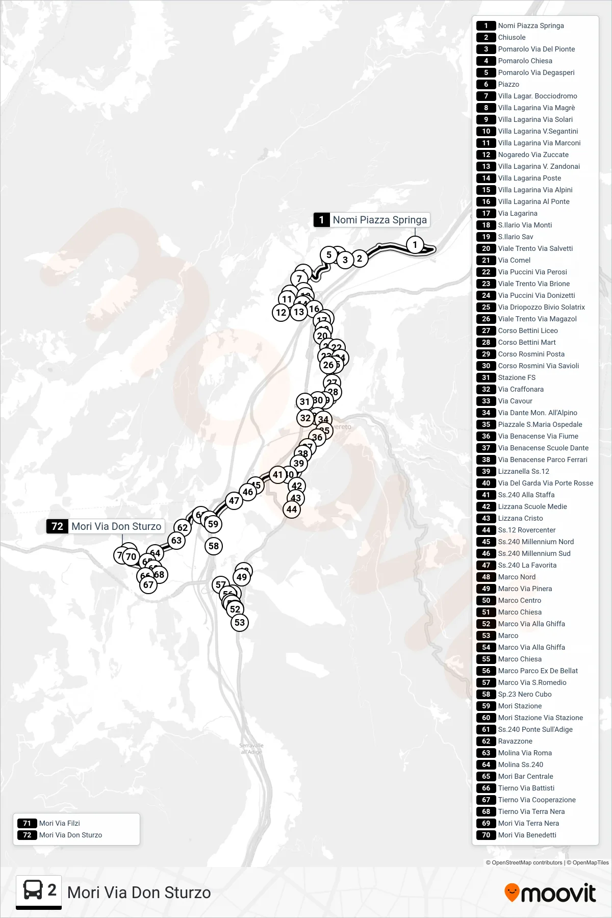 Linea 2 bus (Mori Via Don Sturzo) - Percorsi e fermate sulla mappa