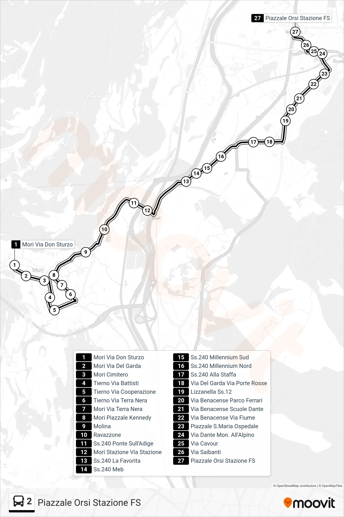 Linea 2 bus (Piazzale Orsi Stazione FS) - Percorsi e fermate sulla mappa