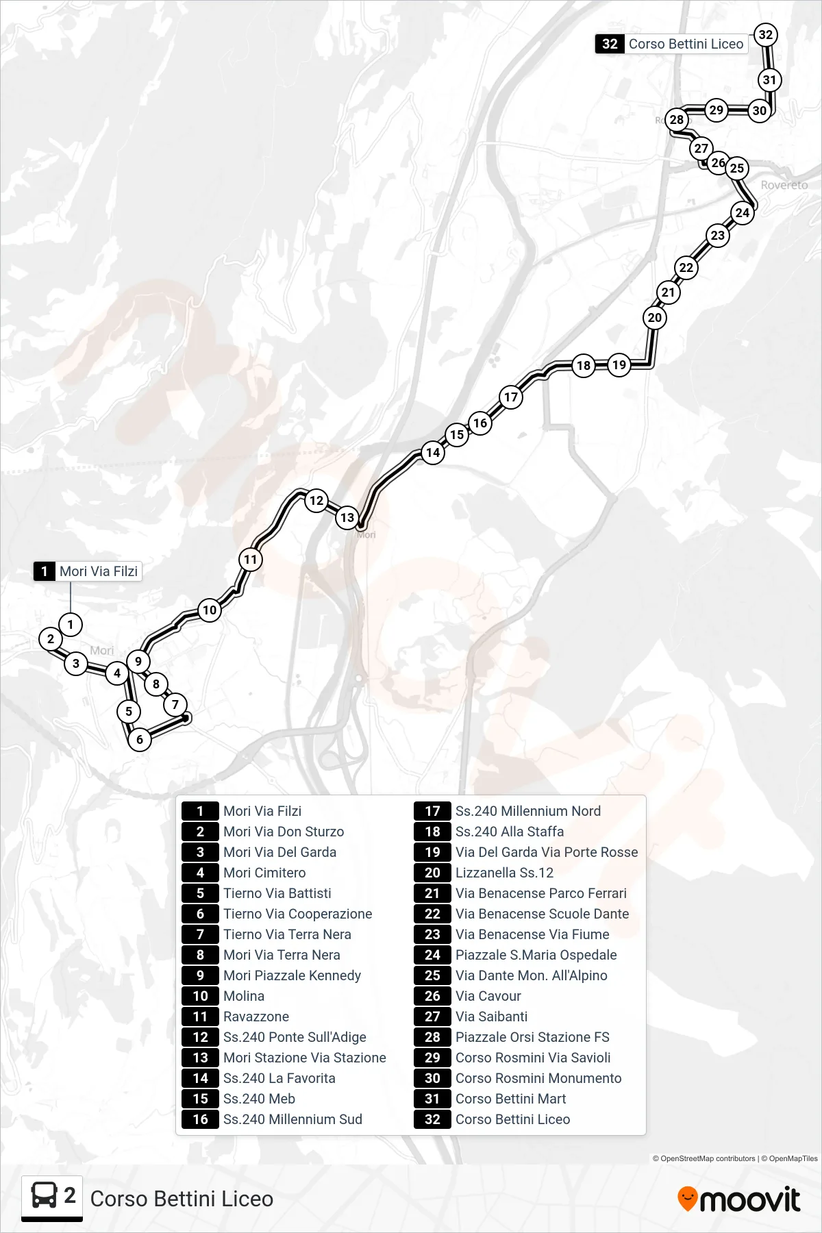 Linea 2 bus (Corso Bettini Liceo) - Percorsi e fermate sulla mappa