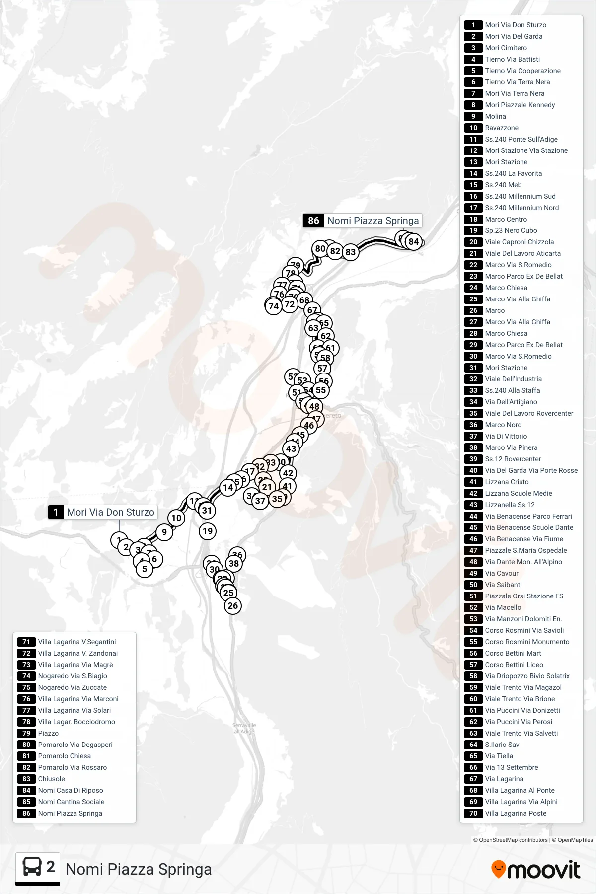 Linea 2 bus (Nomi Piazza Springa) - Percorsi e fermate sulla mappa