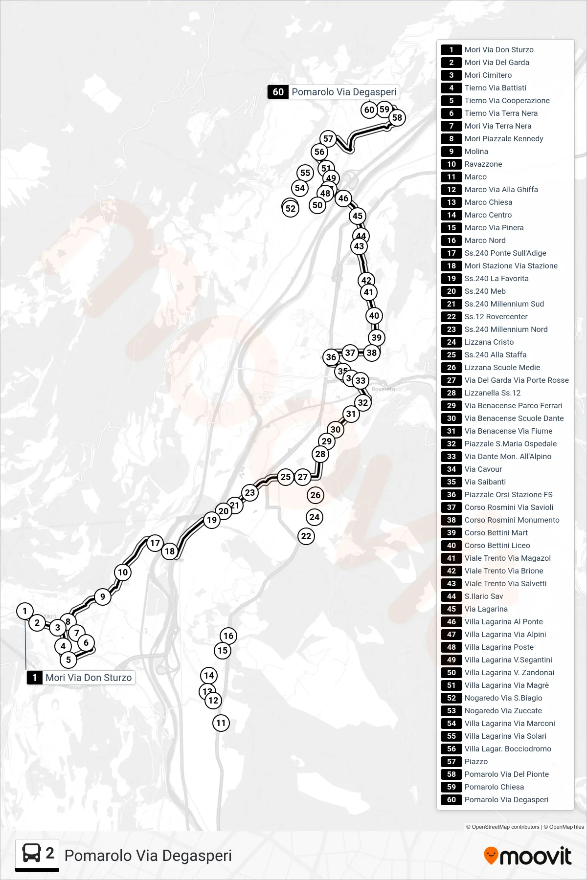 Linea 2  bus (Pomarolo Via Degasperi) - Percorsi e fermate sulla mappa