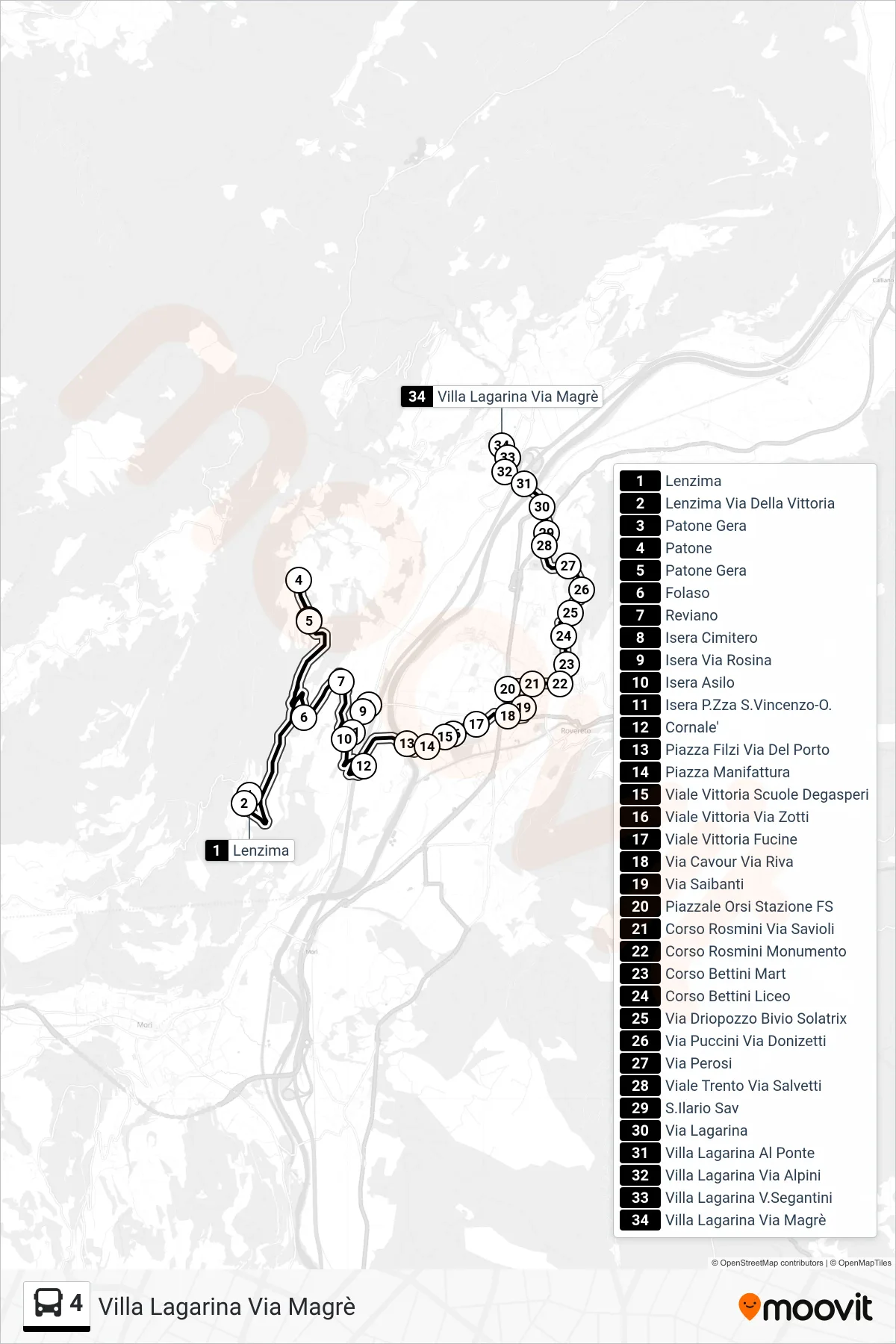 Linea 4 bus (Villa Lagarina Via Magrè) - Percorsi e fermate sulla mappa