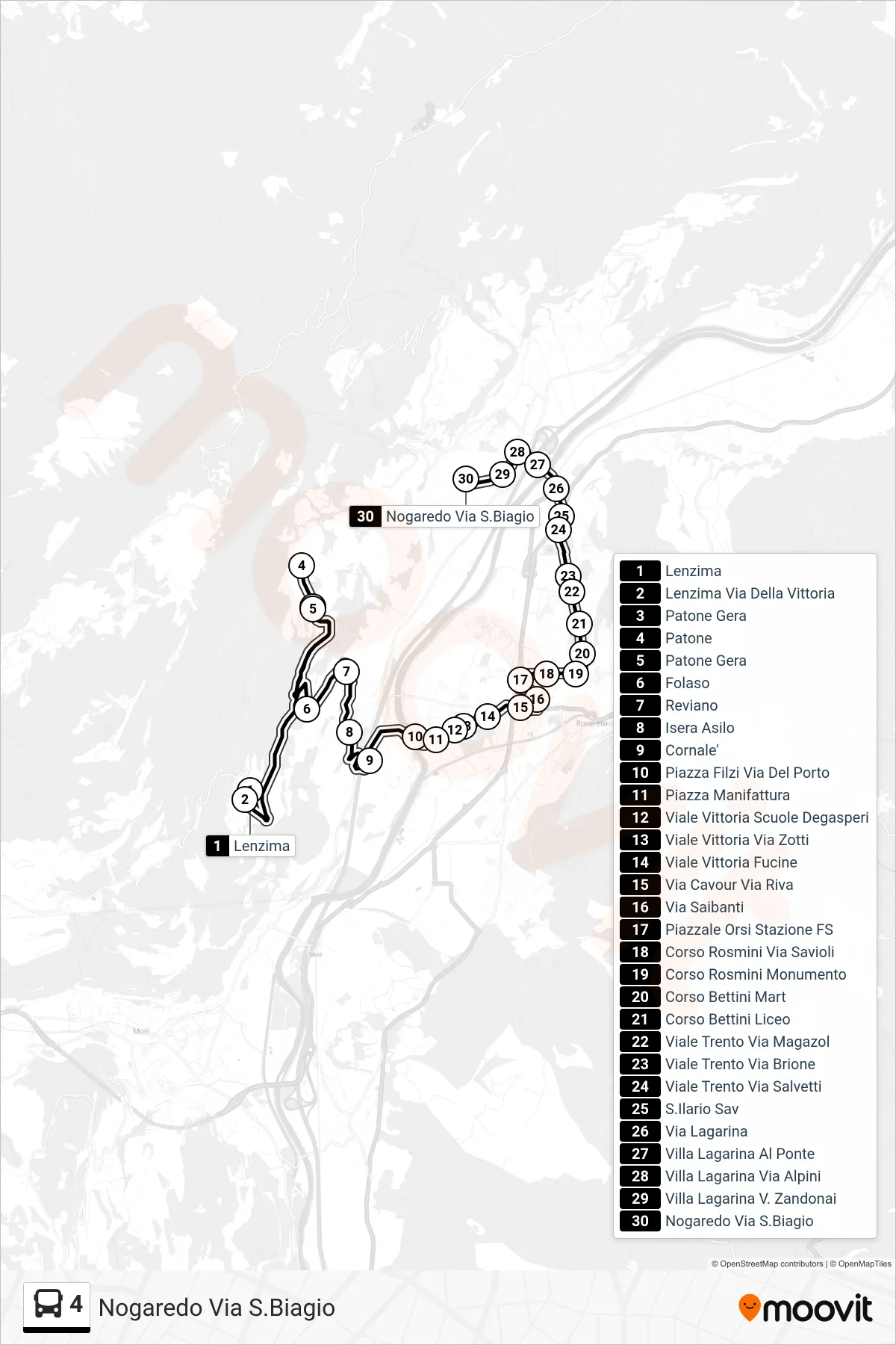 Linea 4 bus (Nogaredo Via S.Biagio) - Percorsi e fermate sulla mappa