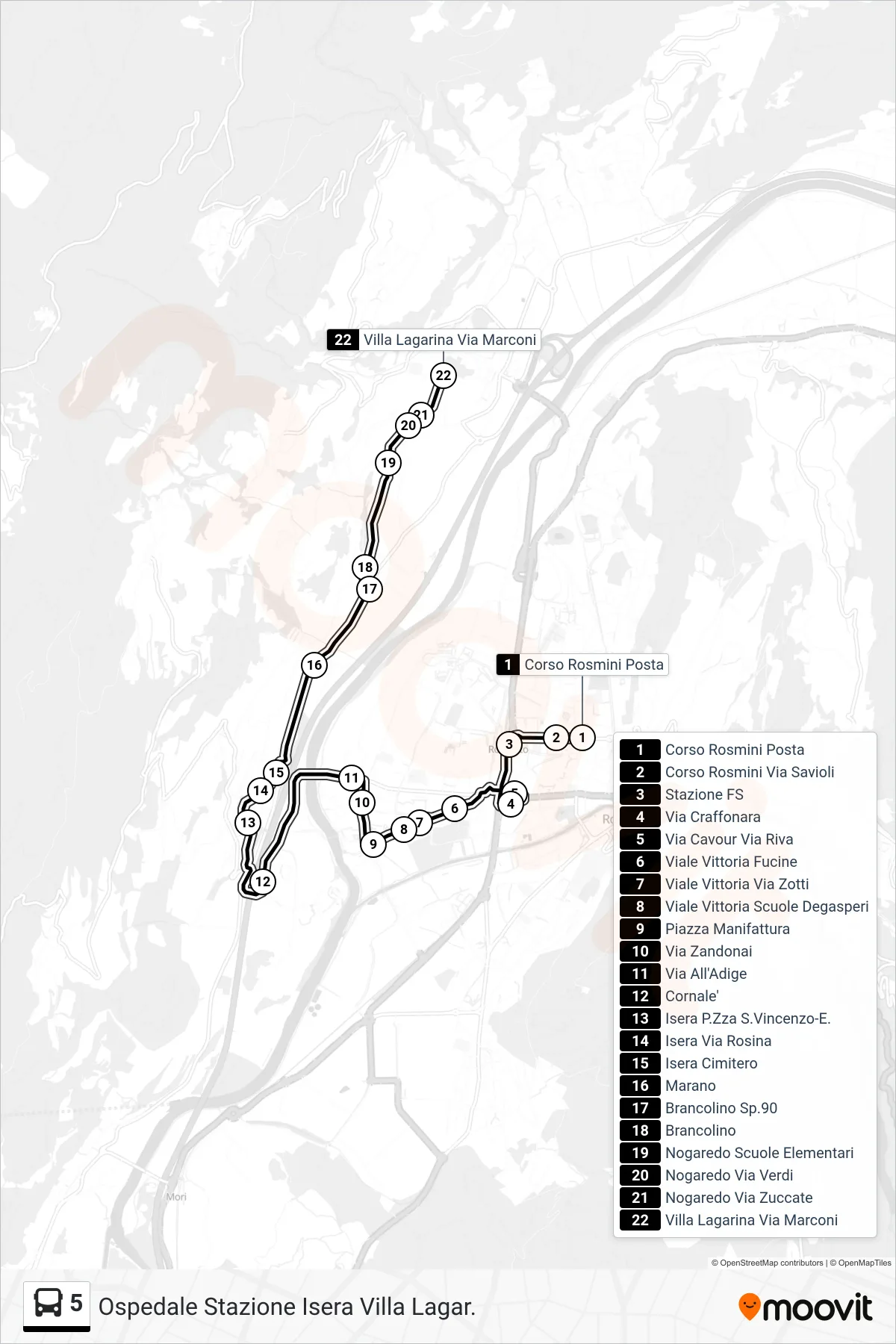 Linea 5 bus (Villa Lagarina Via Marconi) - Percorsi e fermate sulla mappa