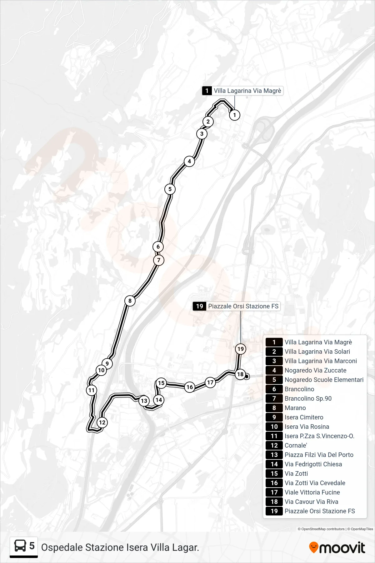 Linea 5 bus (Piazzale Orsi Stazione FS) - Percorsi e fermate sulla mappa