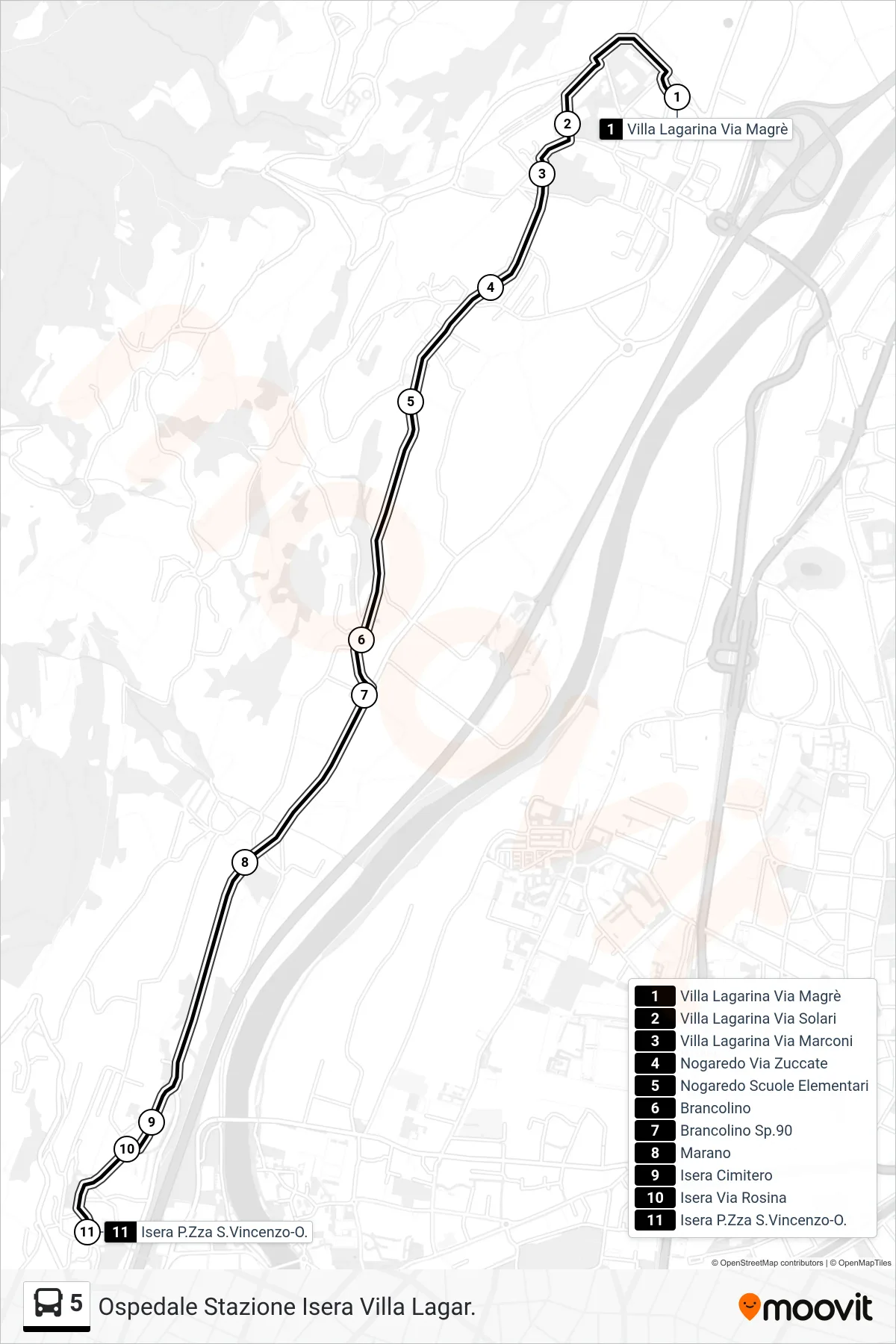 Linea 5  bus (Isera P.Zza S.Vincenzo-O.) - Percorsi e fermate sulla mappa