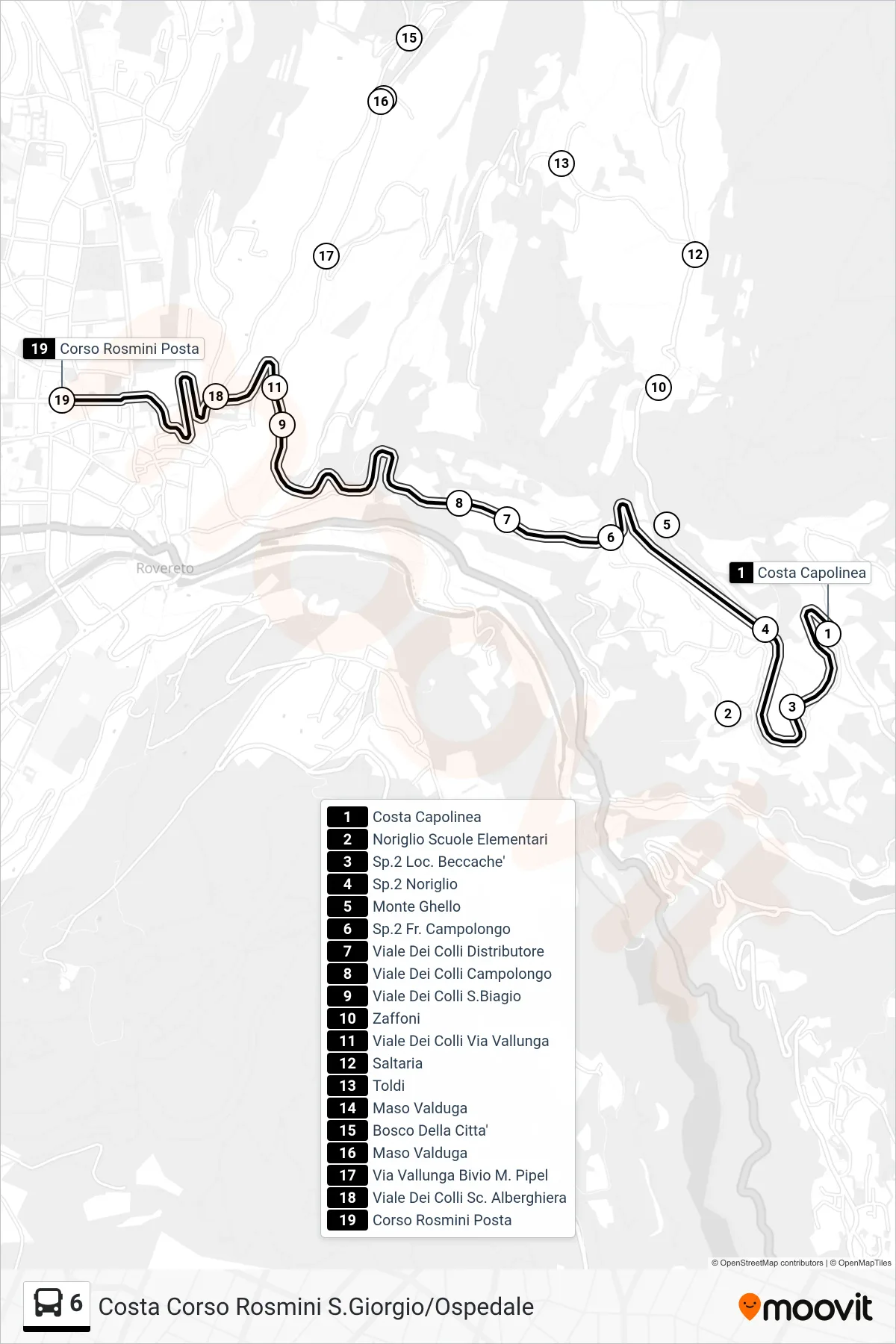 Linea 6 bus (Corso Rosmini Posta) - Percorsi e fermate sulla mappa