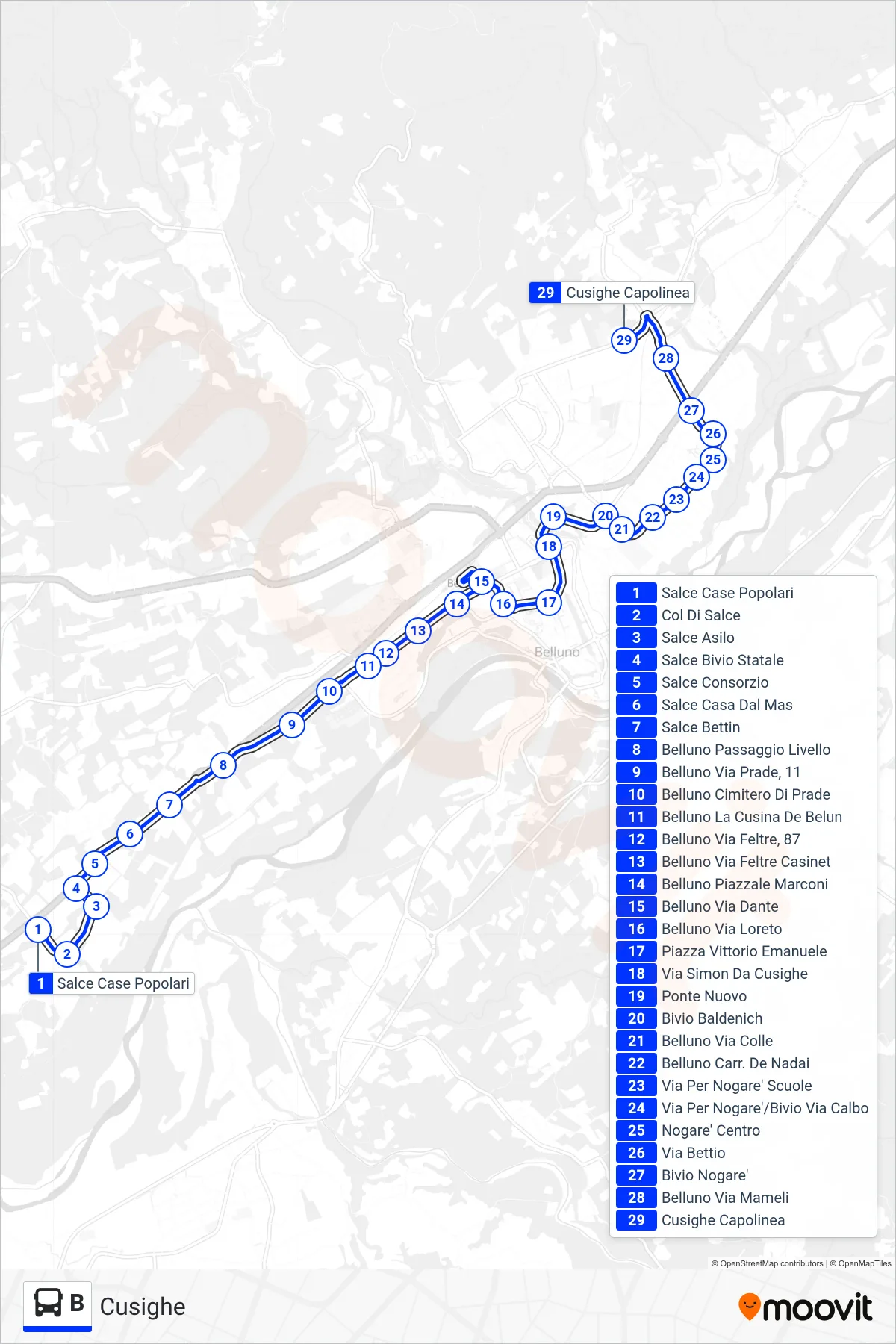 Linea B bus (Cusighe) - Percorsi e fermate sulla mappa