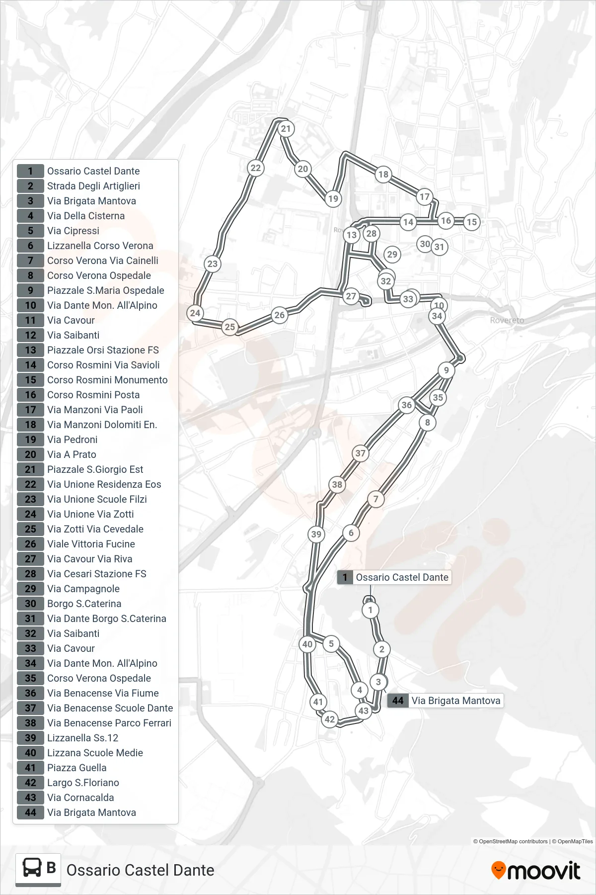 Linea B  bus (Ossario Castel Dante) - Percorsi e fermate sulla mappa