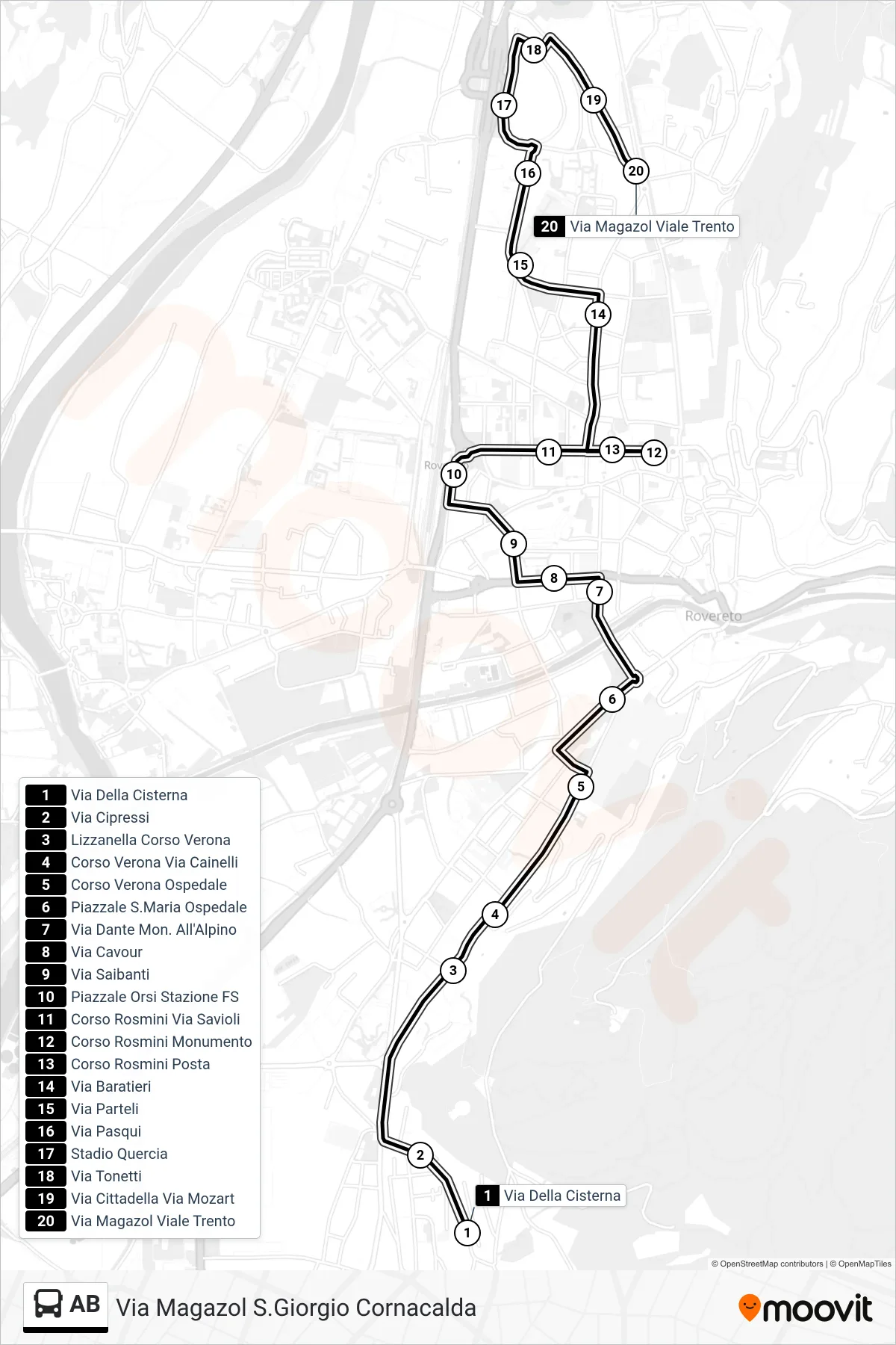 Linea AB  bus (Via Magazol Viale Trento) - Percorsi e fermate sulla mappa