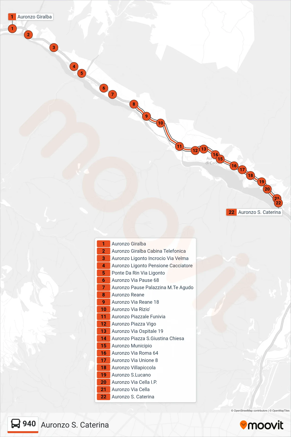 Linea 940  bus (Auronzo S. Caterina) - Percorsi e fermate sulla mappa