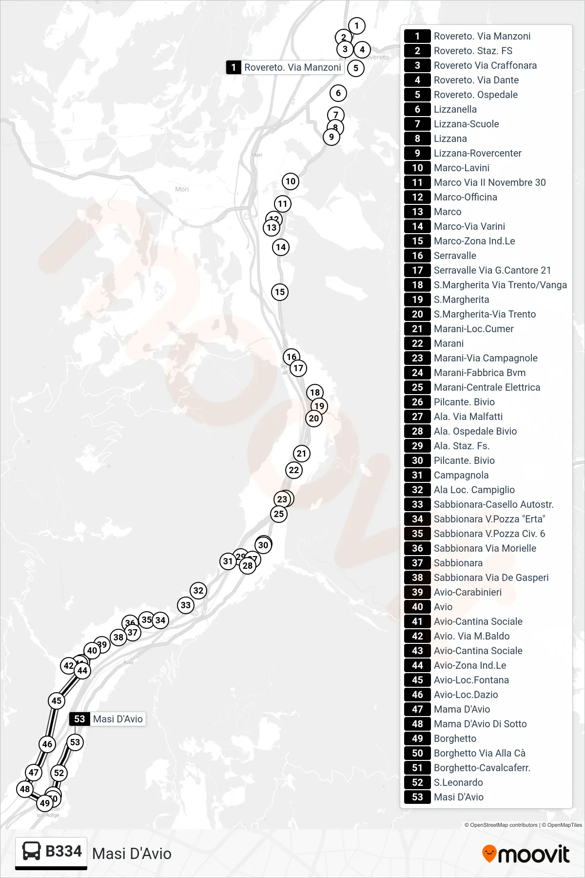Linea B334  bus (Masi D'Avio) - Percorsi e fermate sulla mappa