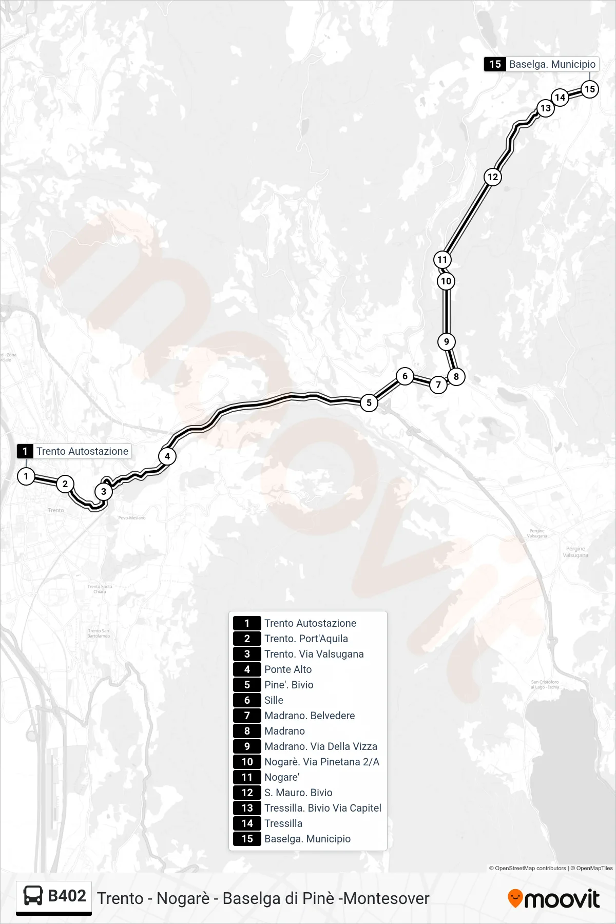 Linea B402 bus (Baselga. Municipio) - Percorsi e fermate sulla mappa