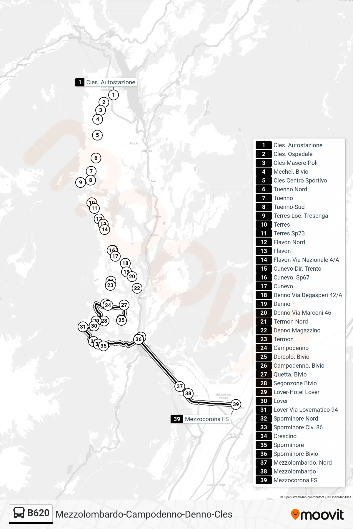 Linea B620 bus (Mezzocorona-Staz.Fs) - Percorsi e fermate sulla mappa