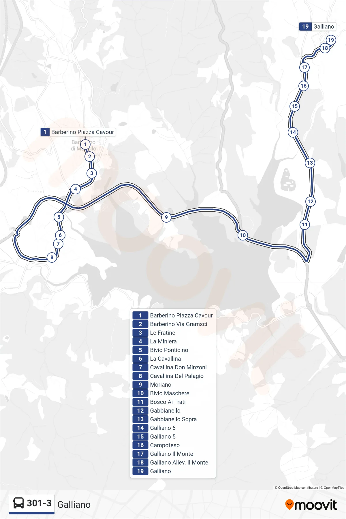 Linea 301-3  bus (Galliano) - Percorsi e fermate sulla mappa