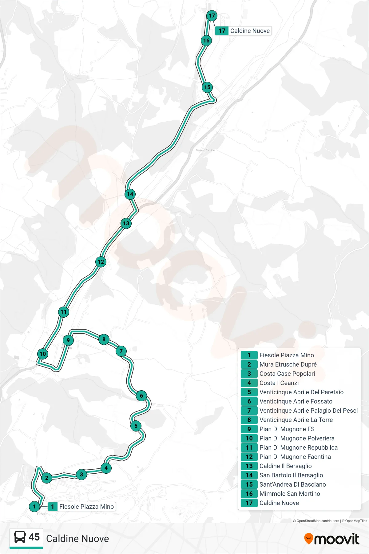 Linea 45 bus (Caldine Nuove) - Percorsi e fermate sulla mappa